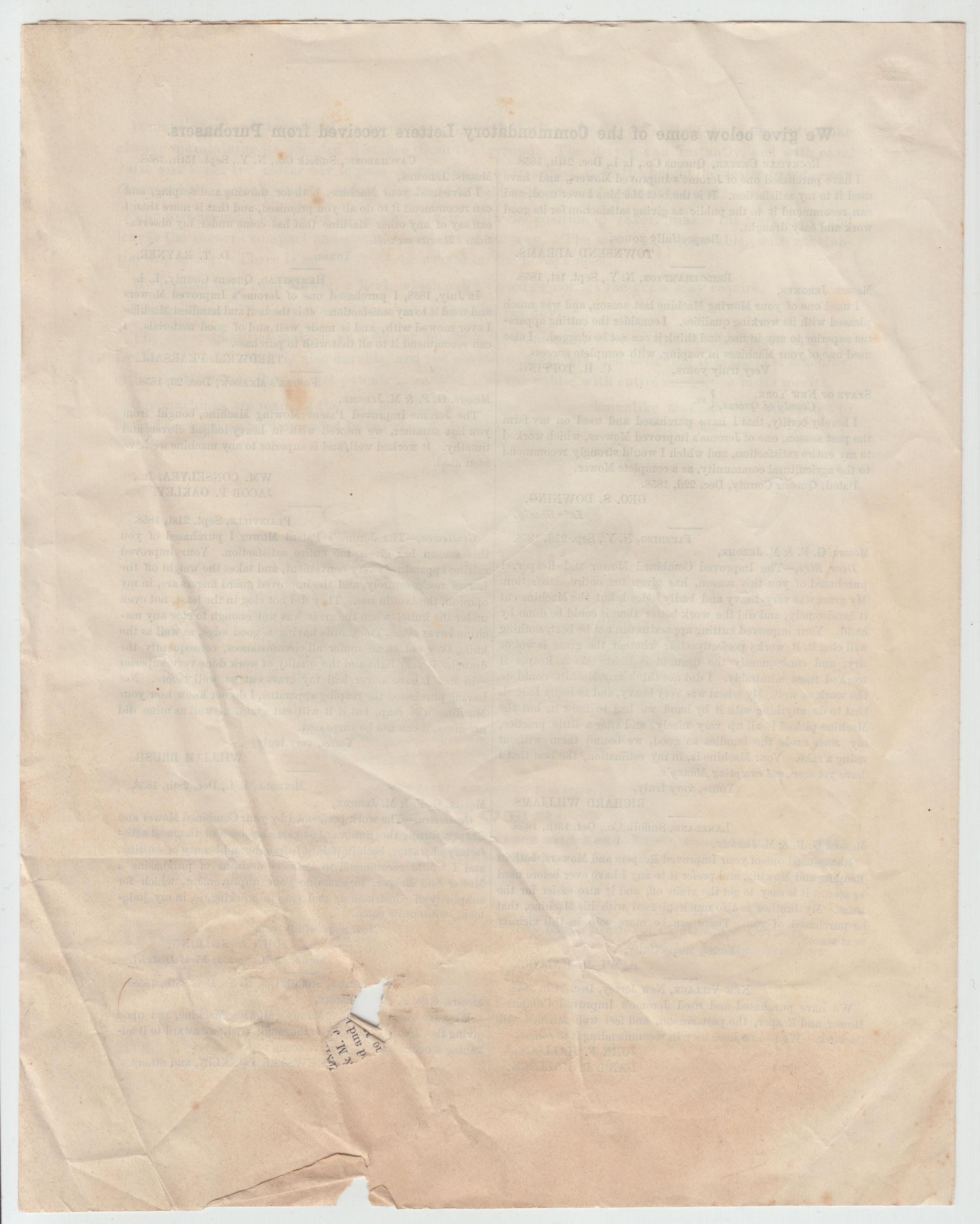 HBC002, 1859-01 Advertising Brochure for Jerome's Patent Mower Mfd by Homer Crandell & Co